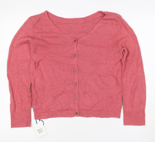 White Stuff Women Pink UK 12 Cotton Linen V-Neck Button Cardigan