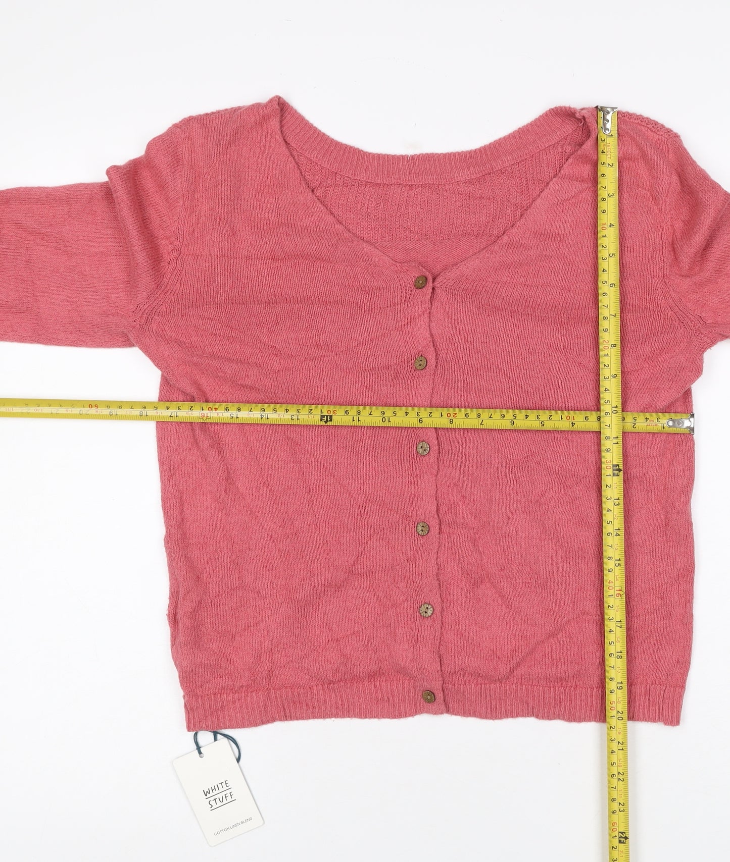 White Stuff Women Pink UK 12 Cotton Linen V-Neck Button Cardigan