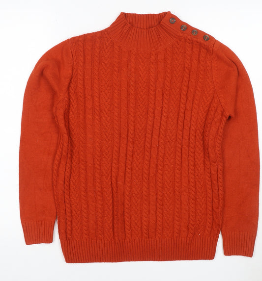 Isle Essentials Women Orange S Cable Knit Mock Neck Button Jumper