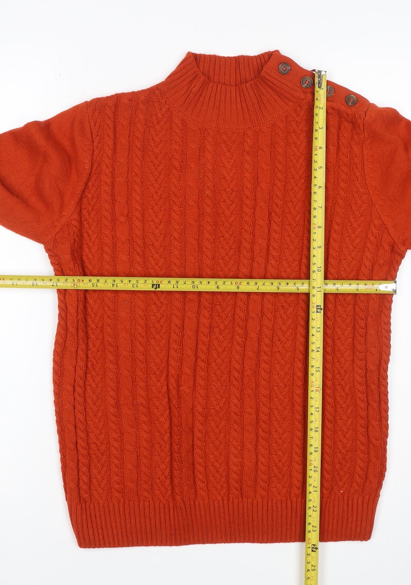 Isle Essentials Women Orange S Cable Knit Mock Neck Button Jumper