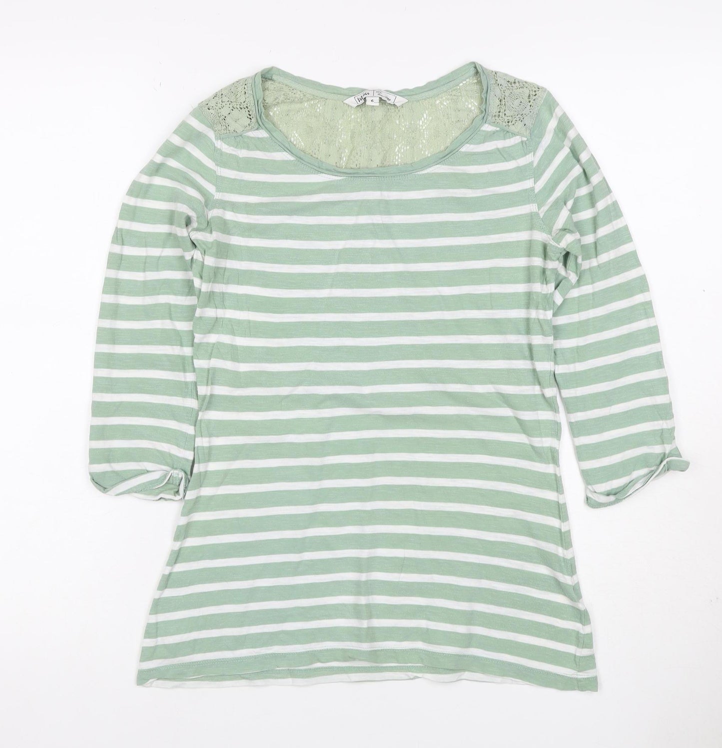George Women Green Stripe Lace Yoke 3/4 Sleeve Jersey Top UK 6