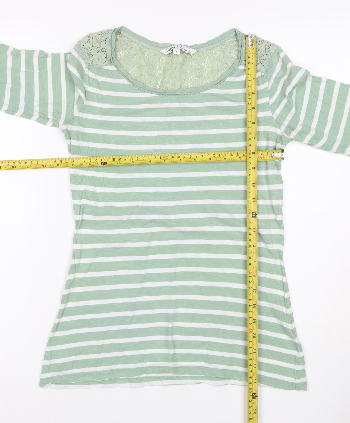 George Women Green Stripe Lace Yoke 3/4 Sleeve Jersey Top UK 6