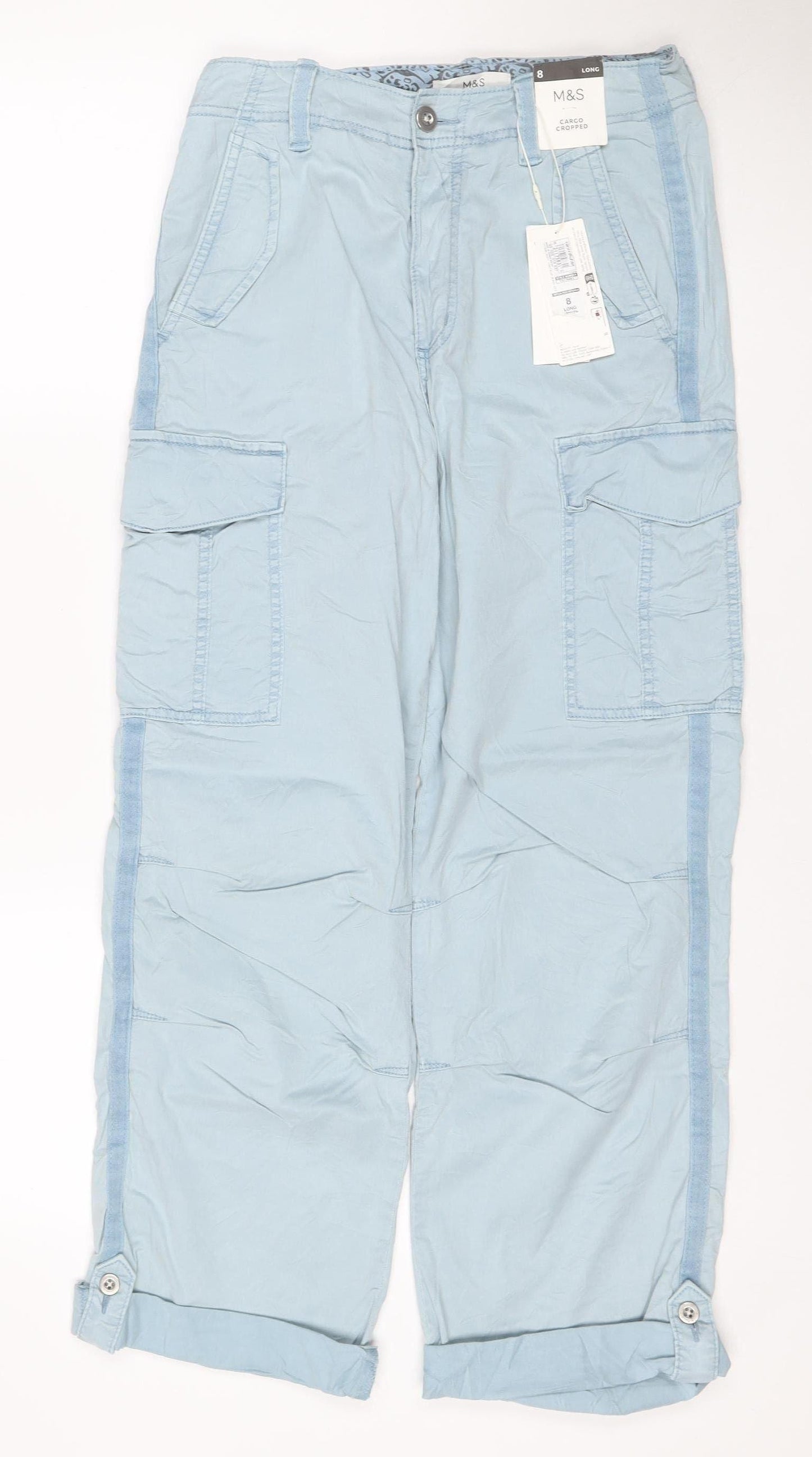 Marks & Spencer Women Blue Size 8 Long Cargo Cropped Trousers