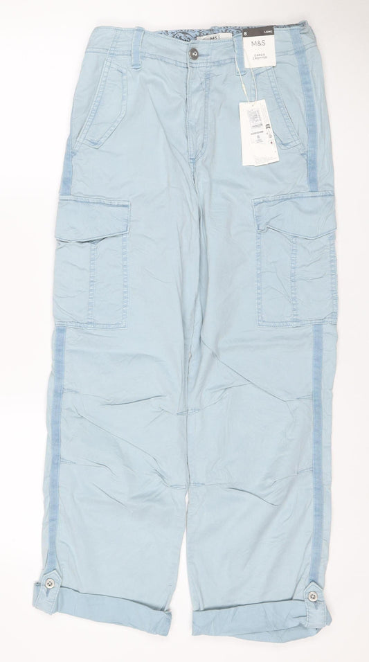 Marks & Spencer Women Blue Size 8 Long Cargo Cropped Trousers