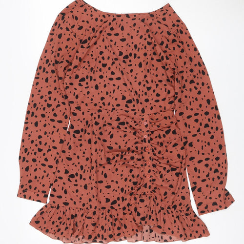 Missguided Women Orange Animal Print Skater Dress UK 6 Long Sleeve