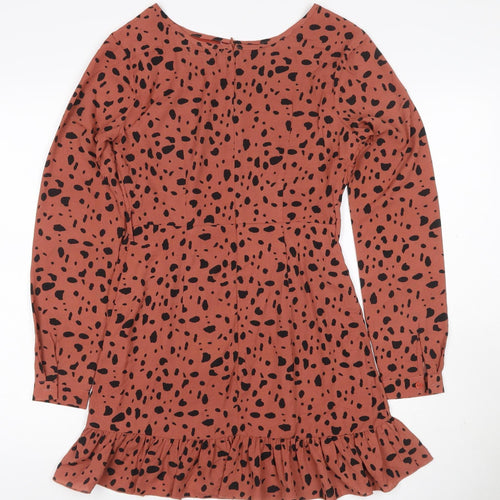 Missguided Women Orange Animal Print Skater Dress UK 6 Long Sleeve