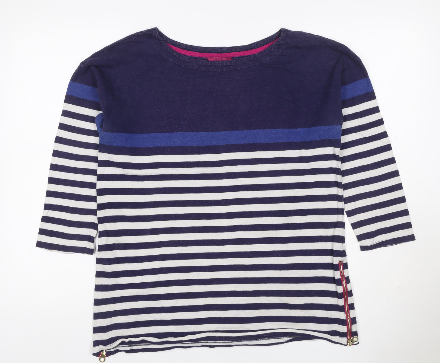 Joules Women Blue UK 14 Striped 3/4 Sleeve Cotton T-Shirt Zip