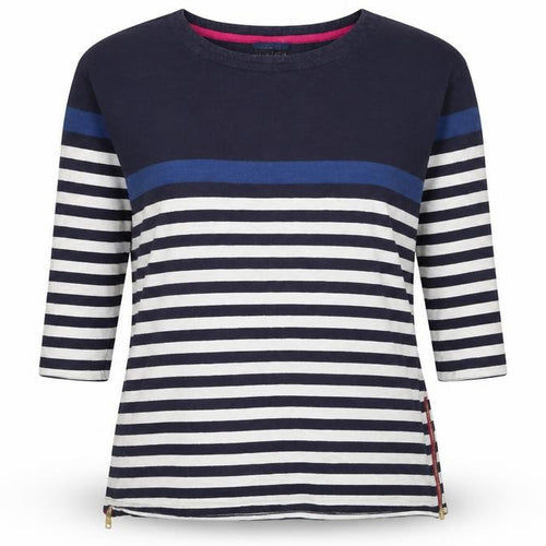 Joules Women Blue UK 14 Striped 3/4 Sleeve Cotton T-Shirt Zip