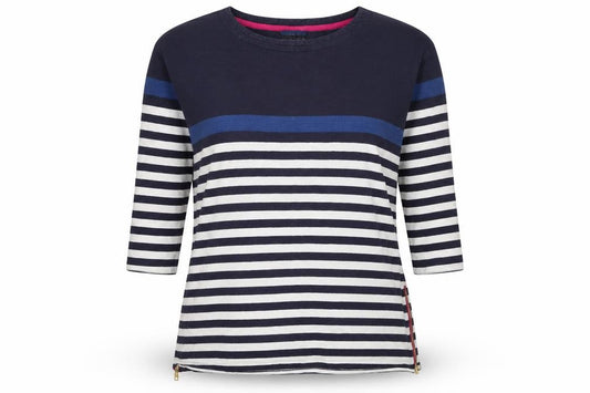 Joules Women Blue UK 14 Striped 3/4 Sleeve Cotton T-Shirt Zip