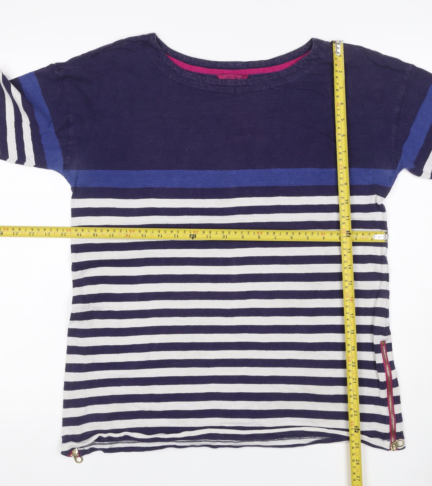 Joules Women Blue UK 14 Striped 3/4 Sleeve Cotton T-Shirt Zip