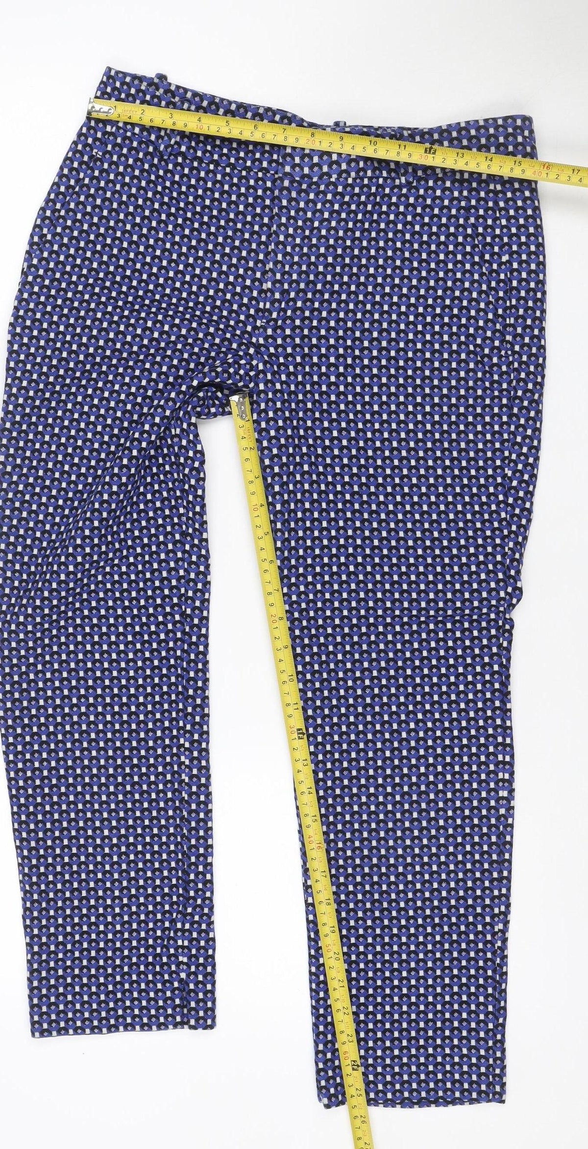 Brand and care label for Zara Women Blue Geometric Print UK 12 Flared Trousers
