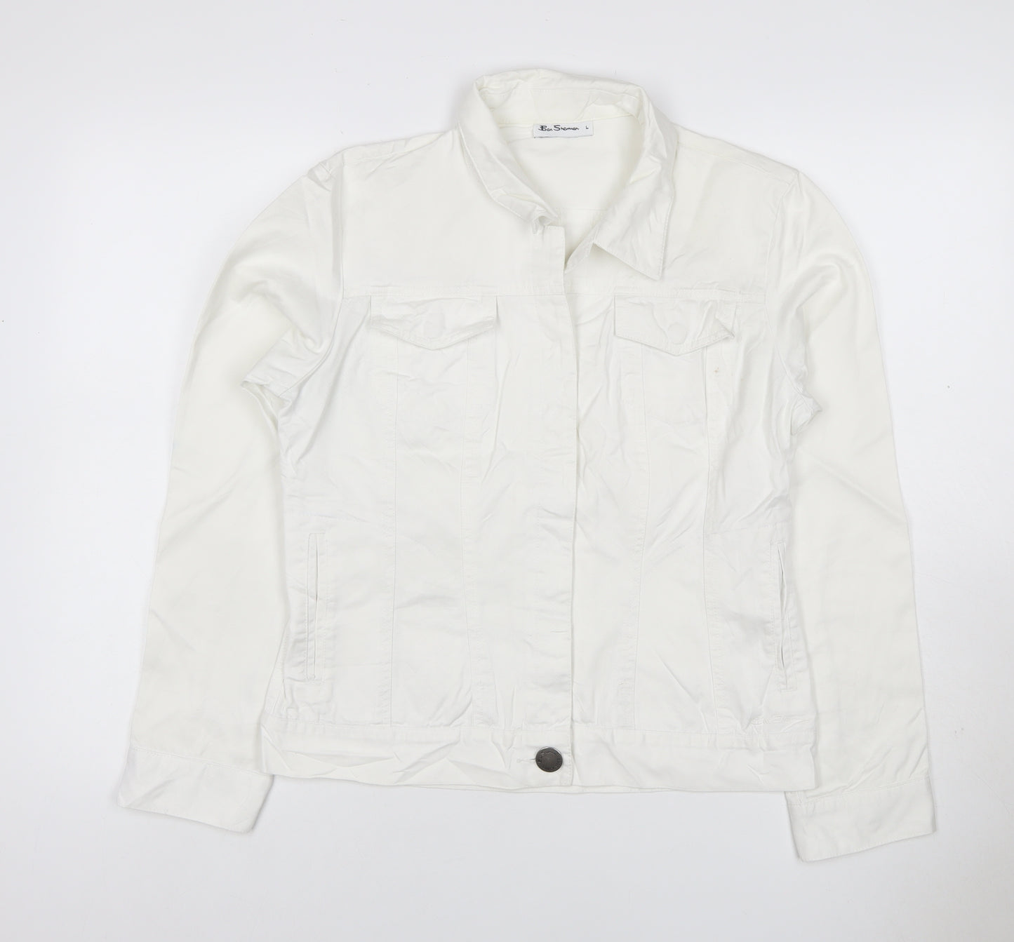 Ben Sherman Women White L Basic Cotton Jacket Collared Pockets