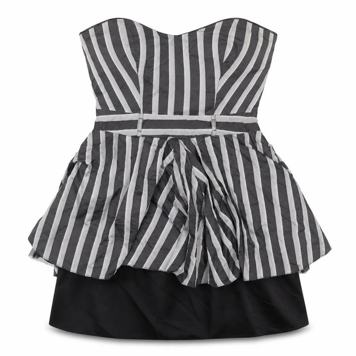 Front view of River Island Women Black Grey Stripe Strapless Fit & Flare Dress UK 12
