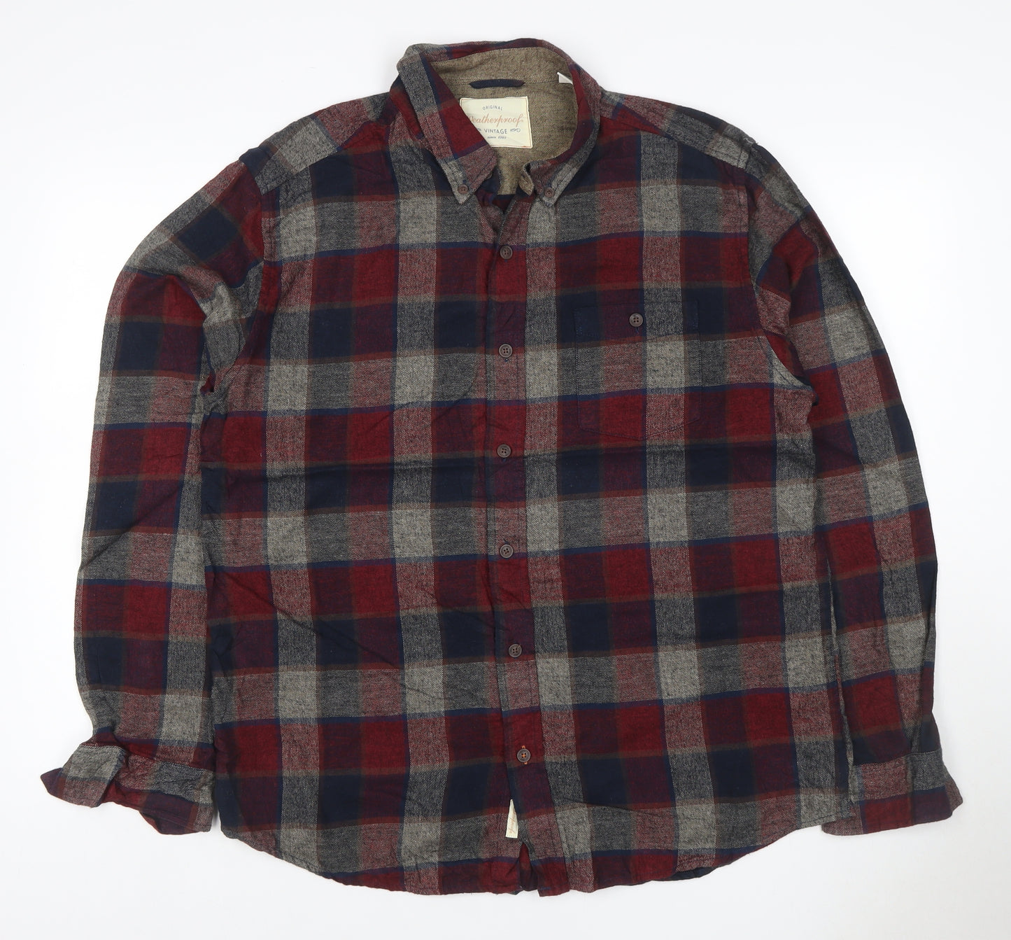 Weatherproof Vintage Men’s XL Red Blue Grey Plaid Flannel Button-Up Shirt