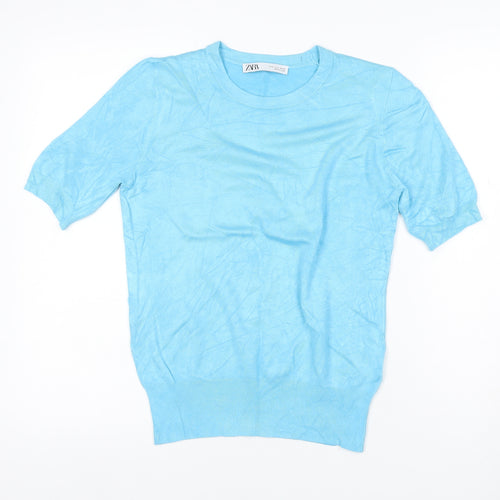 Zara Women Blue S Basic Knit Puff Sleeve Crew Neck T-Shirt