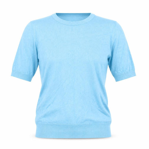 Zara Women Blue S Basic Knit Puff Sleeve Crew Neck T-Shirt