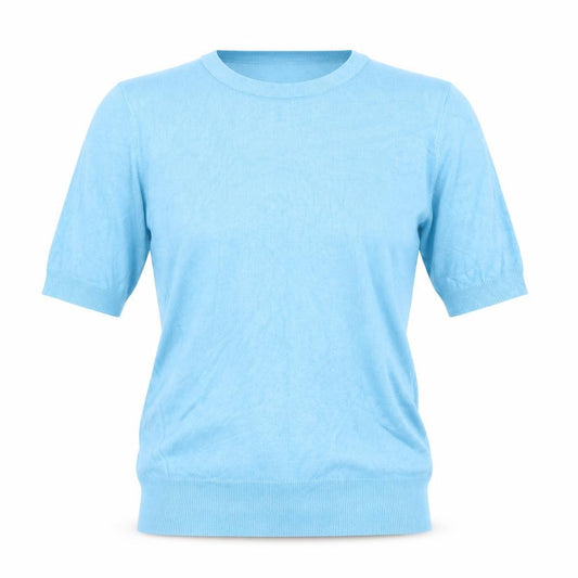 Zara Women Blue S Basic Knit Puff Sleeve Crew Neck T-Shirt