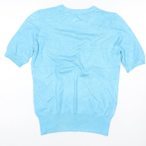 Zara Women Blue S Basic Knit Puff Sleeve Crew Neck T-Shirt