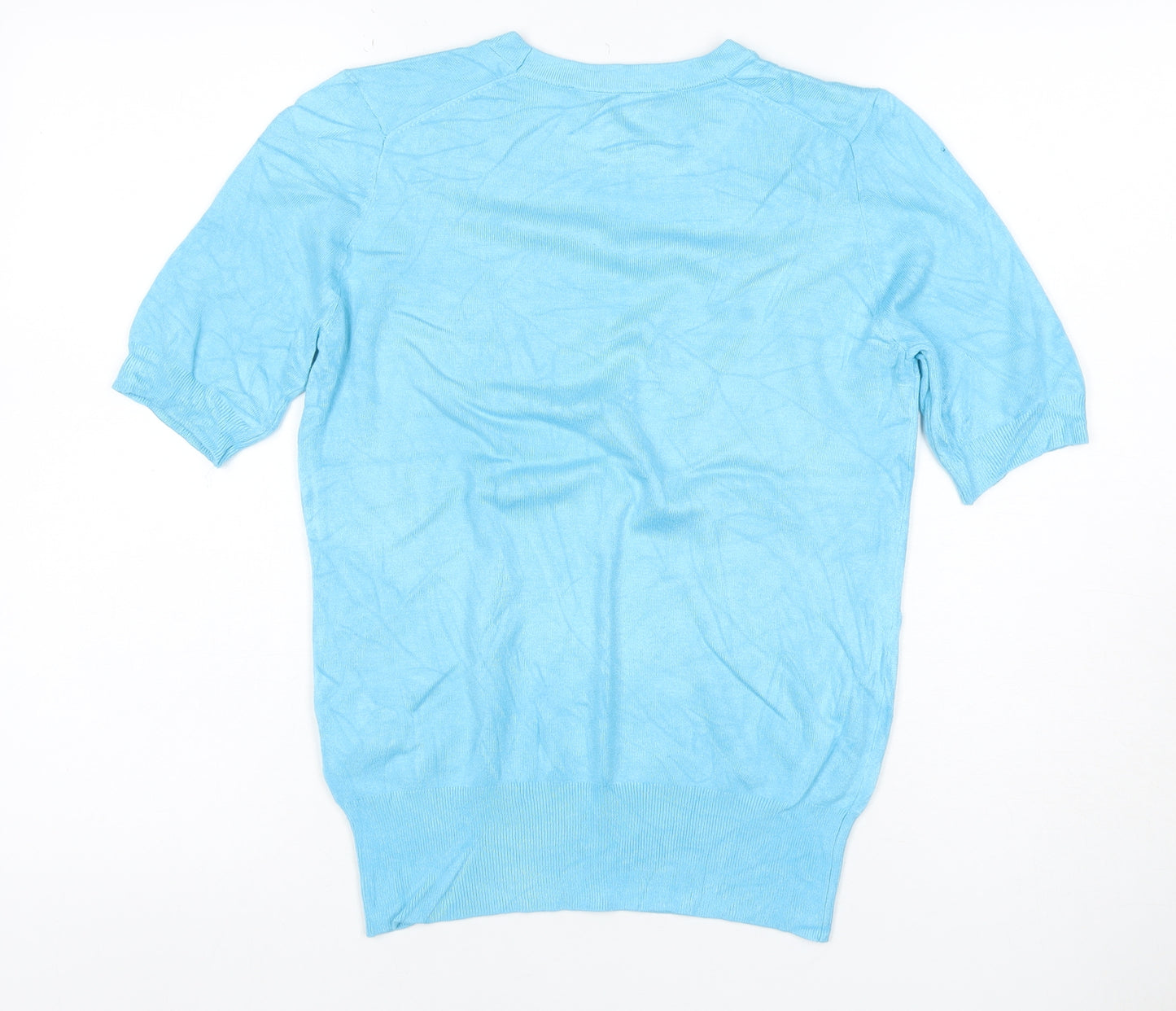 Zara Women Blue S Basic Knit Puff Sleeve Crew Neck T-Shirt