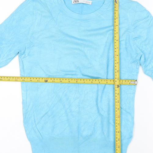 Zara Women Blue S Basic Knit Puff Sleeve Crew Neck T-Shirt