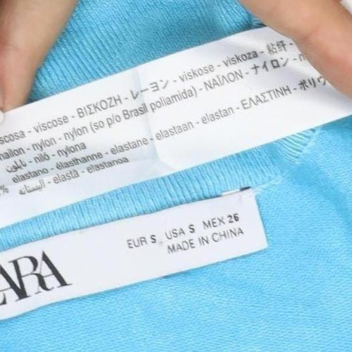 Zara Women Blue S Basic Knit Puff Sleeve Crew Neck T-Shirt