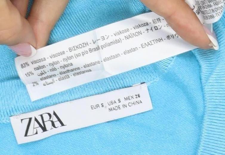 Zara Women Blue S Basic Knit Puff Sleeve Crew Neck T-Shirt