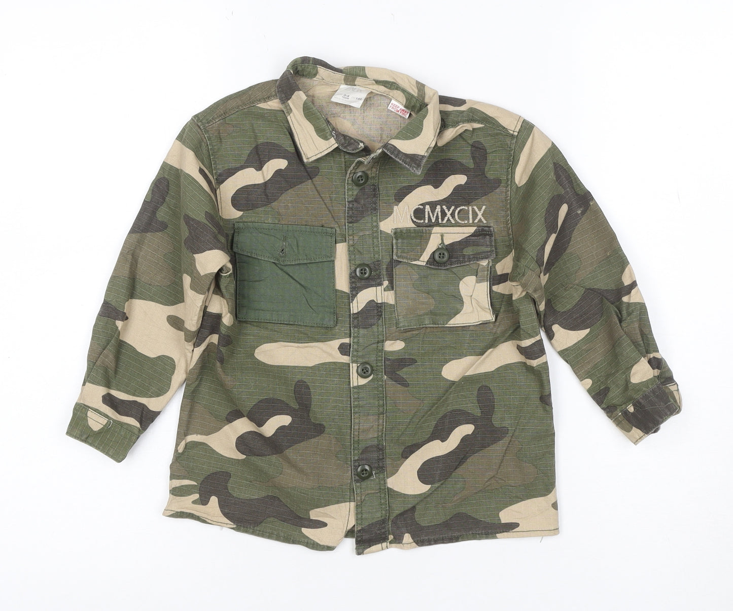 Zara Boys Green Camo Military Jacket 3-4 Years Cotton Button-Up