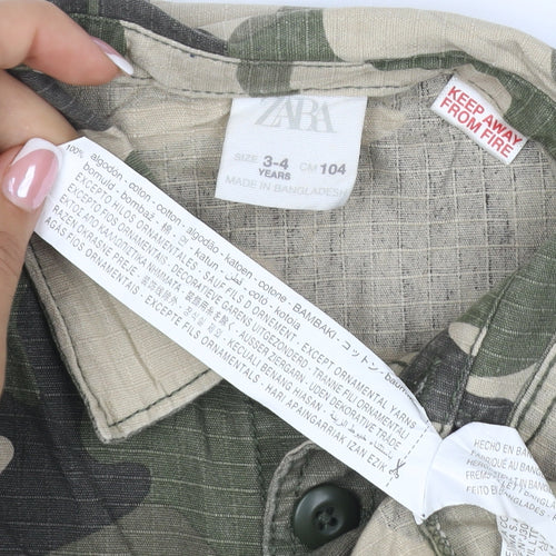 Zara Boys Green Camo Military Jacket 3-4 Years Cotton Button-Up