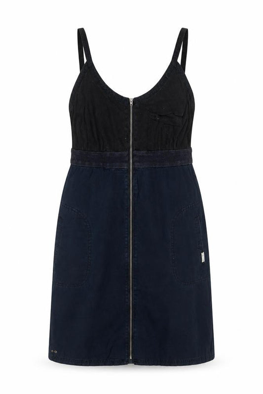 Front view of Converse One Star Women Black, size 8, Denim Pinafore Dress Zip Pockets