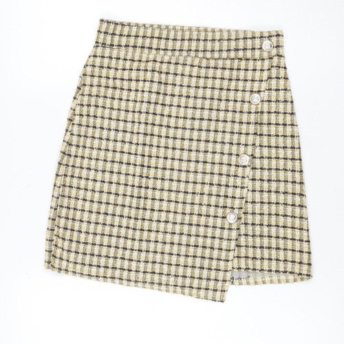 Quiz Women Yellow Check Tweed Wrap Mini Skirt Size 6