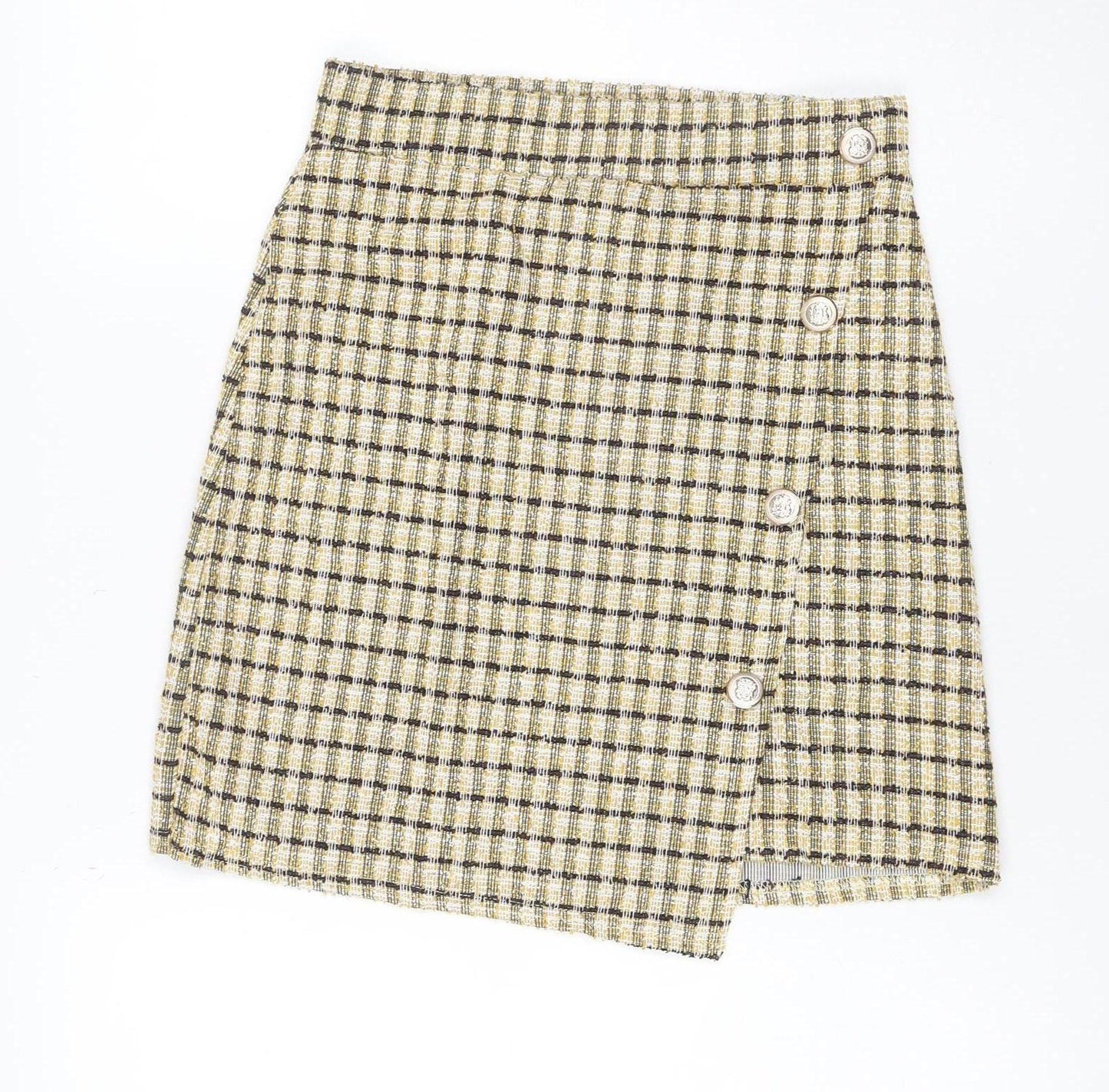 Quiz Women Yellow Check Tweed Wrap Mini Skirt Size 6