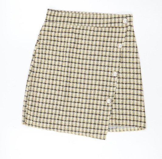 Quiz Women Yellow Check Tweed Wrap Mini Skirt Size 6