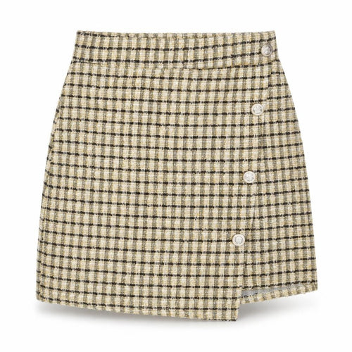Quiz Women Yellow Check Tweed Wrap Mini Skirt Size 6