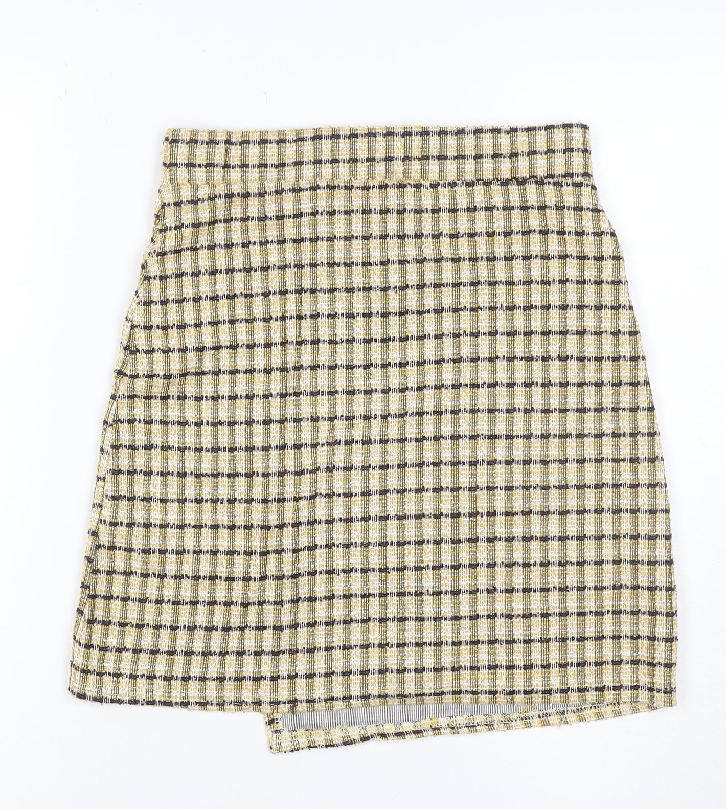 Quiz Women Yellow Check Tweed Wrap Mini Skirt Size 6