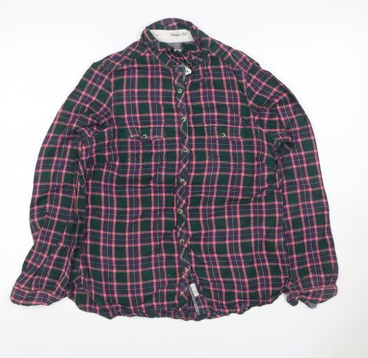 White Stuff Women Green Pink Check Ruffle Shirt UK 12 Long Sleeve