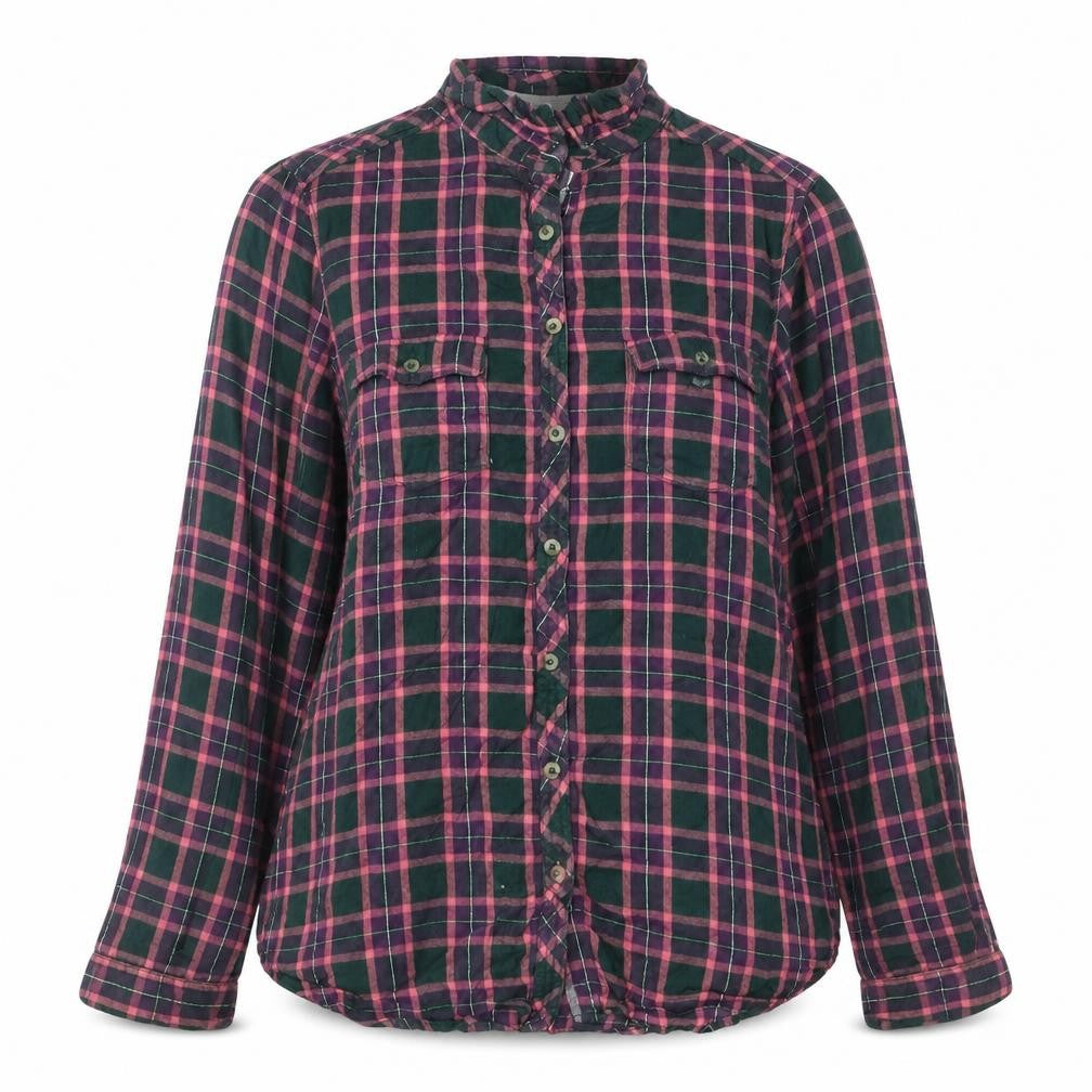 White Stuff Women Green Pink Check Ruffle Shirt UK 12 Long Sleeve
