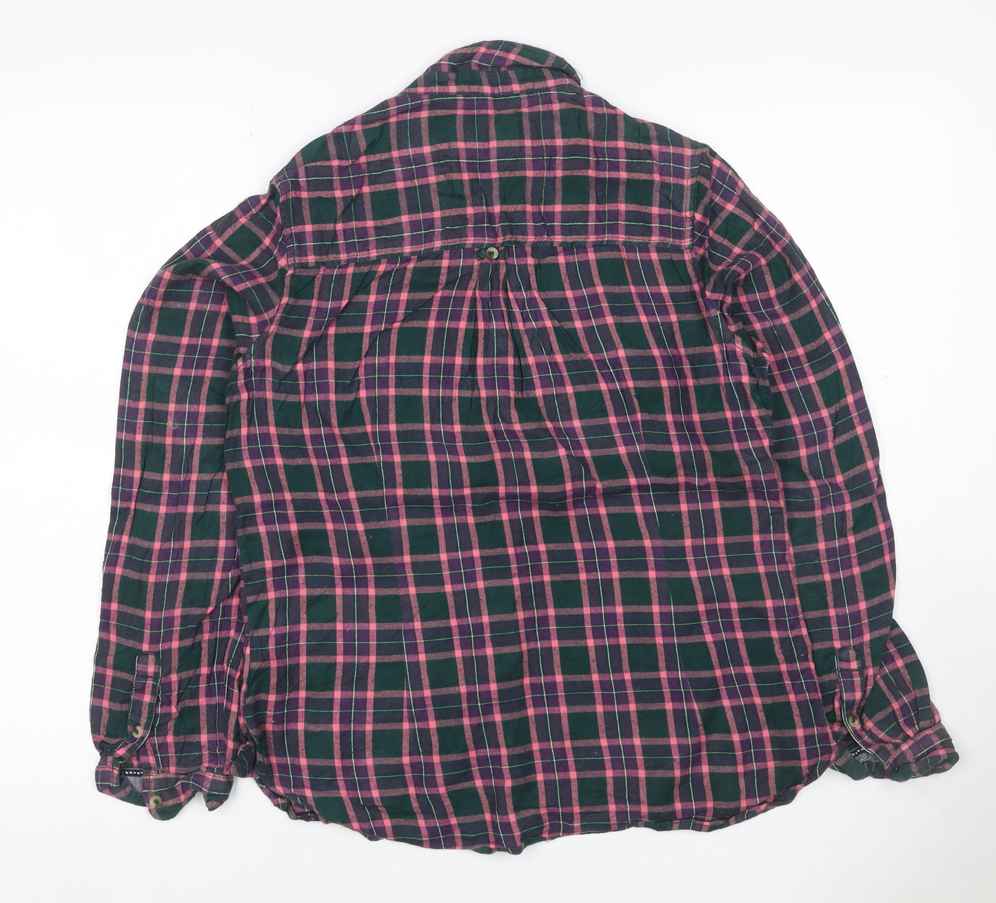 White Stuff Women Green Pink Check Ruffle Shirt UK 12 Long Sleeve