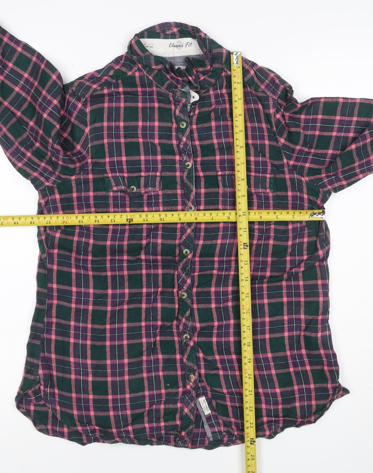 White Stuff Women Green Pink Check Ruffle Shirt UK 12 Long Sleeve