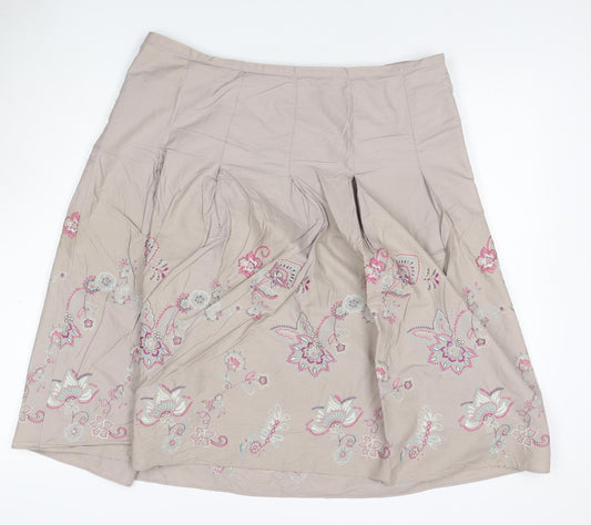 Marks & Spencer Women Beige UK 18 Floral Embroidered A-Line Skirt