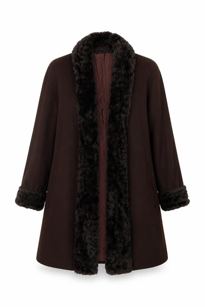 Alorna Super Fina Women’s Size 16 Brown Wool Blend Fur Trim Mid-Length Coat