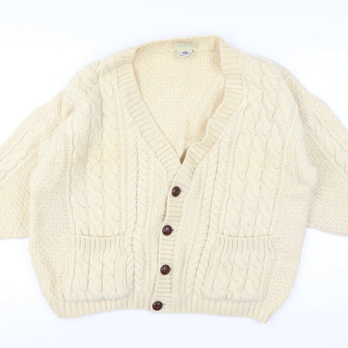 Concept Knitwear Women Size L Ivory Pure Wool Cable-Knit Button Cardigan