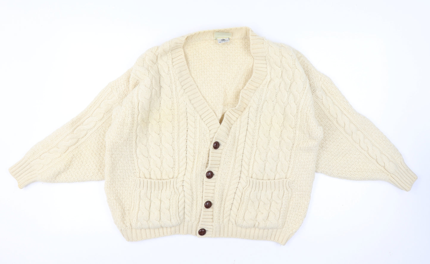 Concept Knitwear Women Size L Ivory Pure Wool Cable-Knit Button Cardigan
