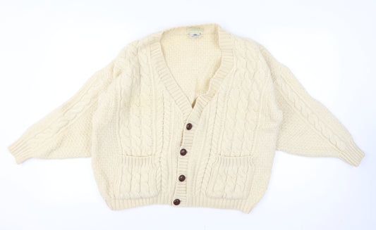 Concept Knitwear Women Size L Ivory Pure Wool Cable-Knit Button Cardigan
