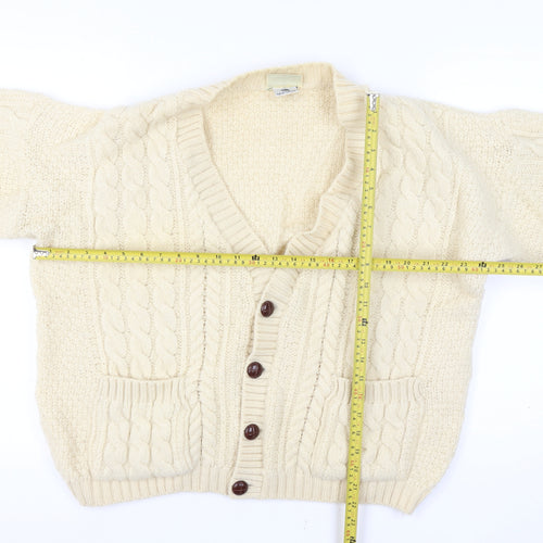 Concept Knitwear Women Size L Ivory Pure Wool Cable-Knit Button Cardigan