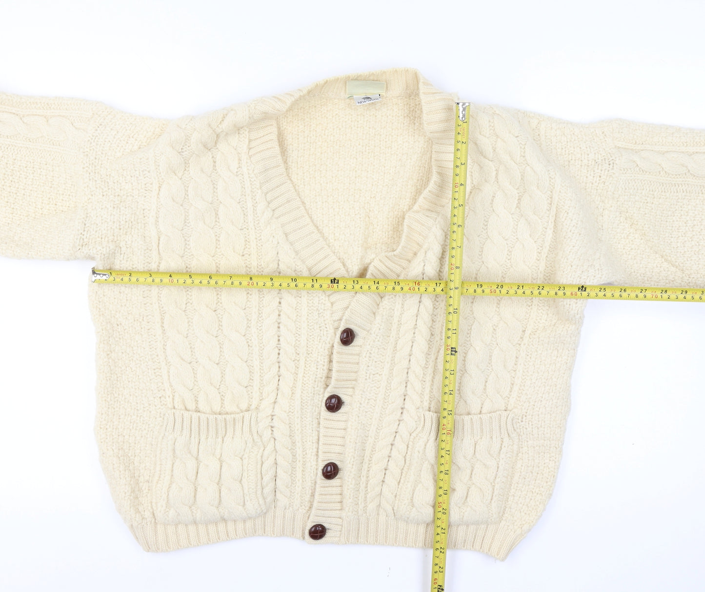 Concept Knitwear Women Size L Ivory Pure Wool Cable-Knit Button Cardigan