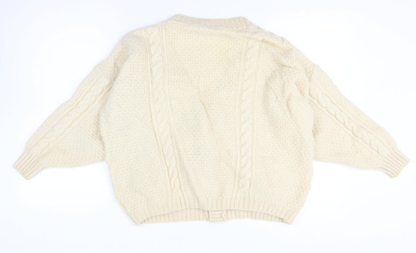 Concept Knitwear Women Size L Ivory Pure Wool Cable-Knit Button Cardigan