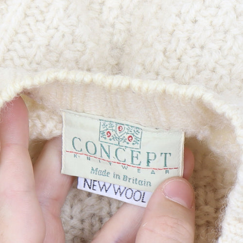 Concept Knitwear Women Size L Ivory Pure Wool Cable-Knit Button Cardigan