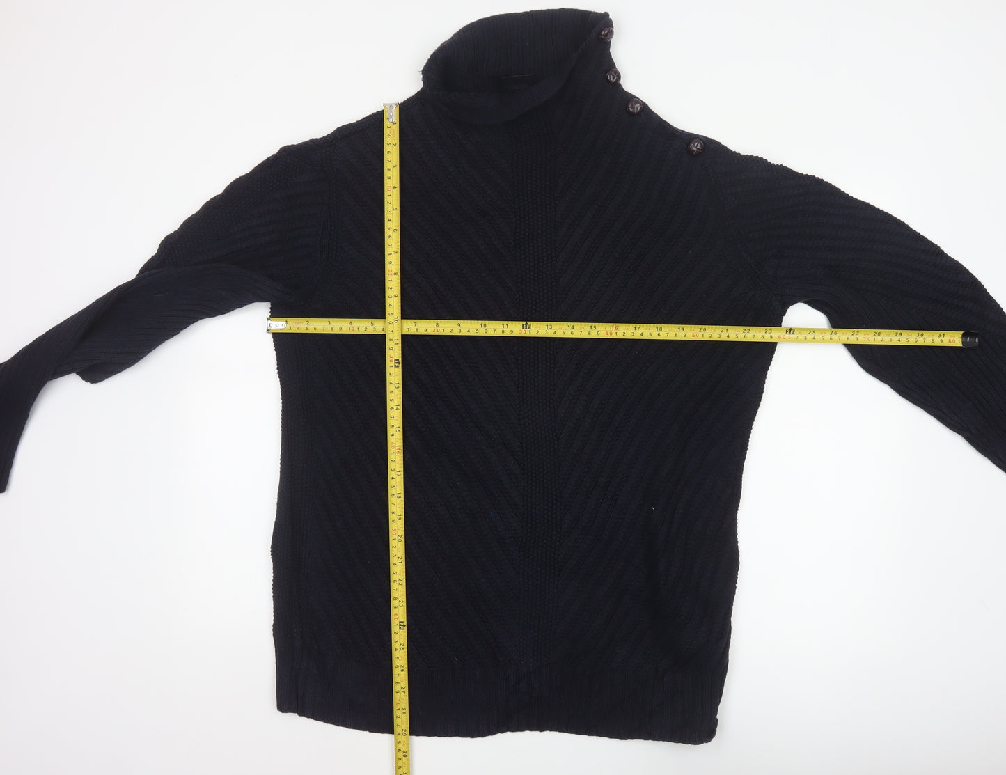 Armani Exchange Men Black XL Cable Knit High Neck Shoulder Button Jumper