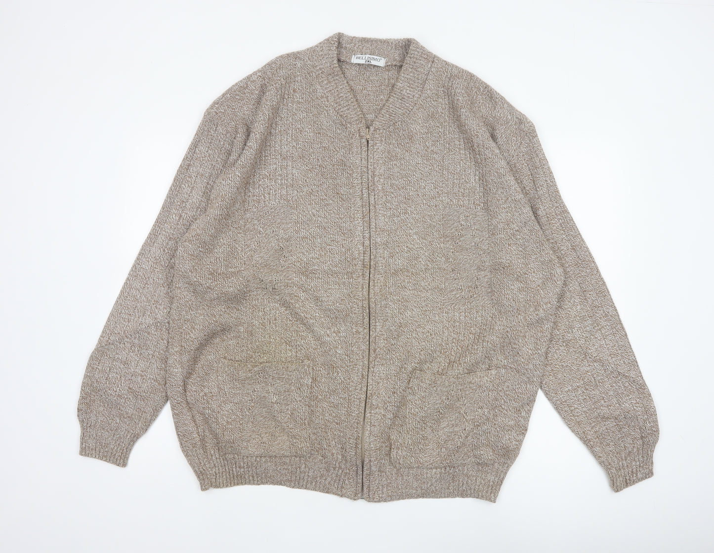 Bellisimo Men's Beige 2XL Full Zip V-Neck Knit Cardigan Pockets