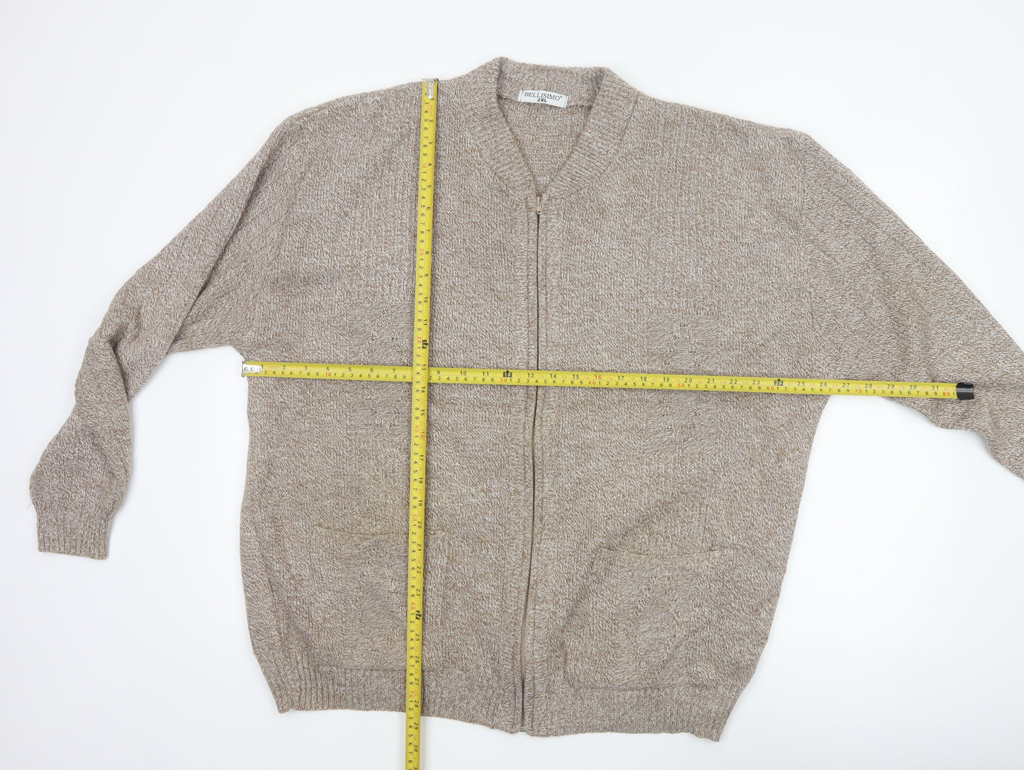 Bellisimo Men's Beige 2XL Full Zip V-Neck Knit Cardigan Pockets
